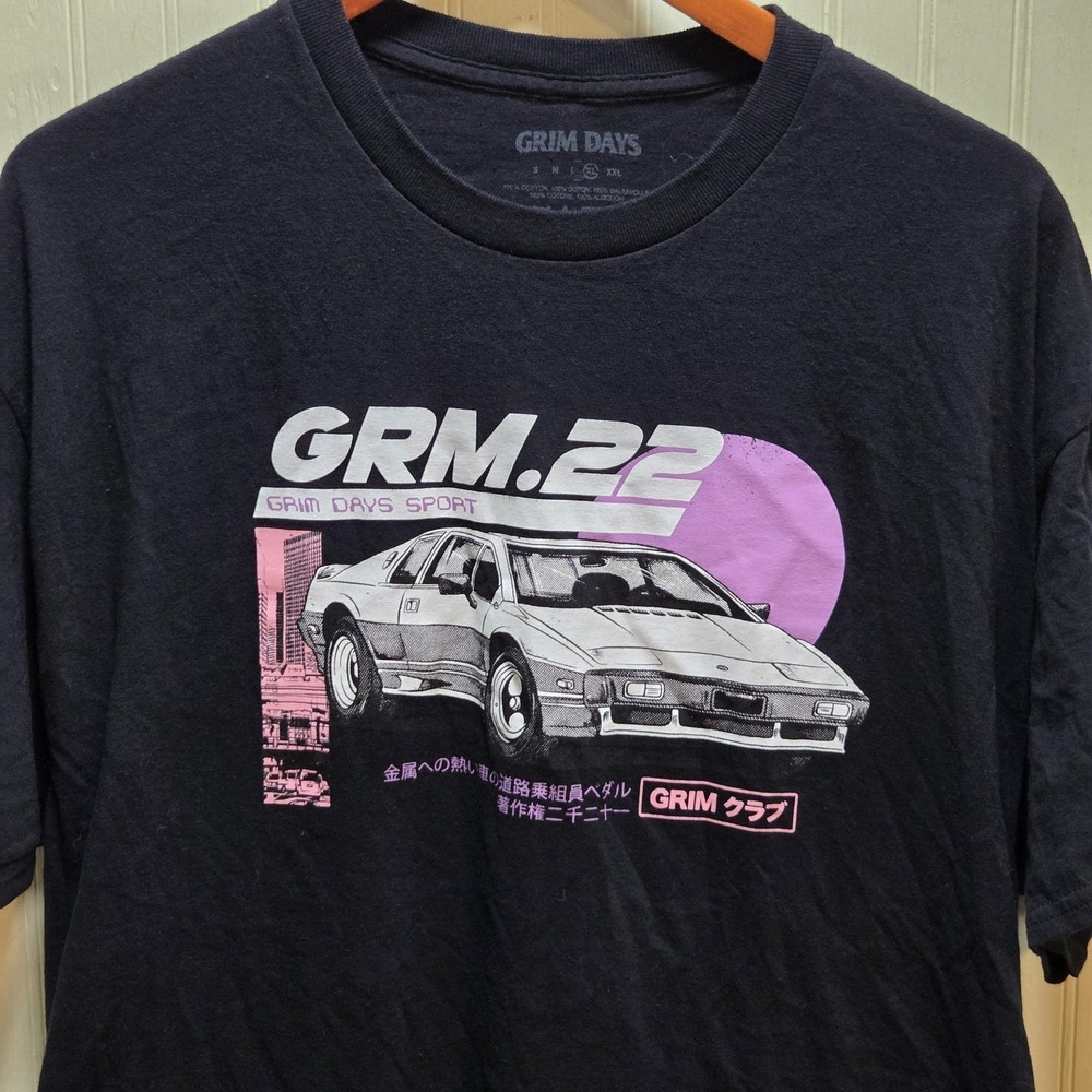 Grim Days Shirt Mens Large Black GRM.22 Retro Car Tagless Neon Graphic Tee